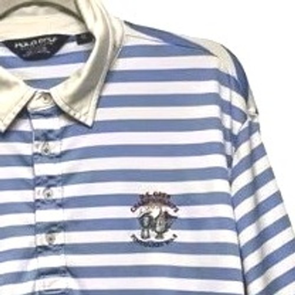 Striped Blue & White Polo Shirt with Crest